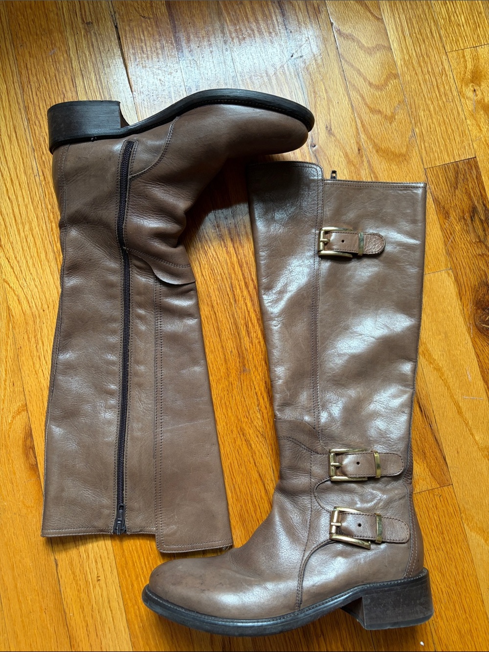 Italian Leather Tall Boots w/ Gold Buckle – Size 7 / 37